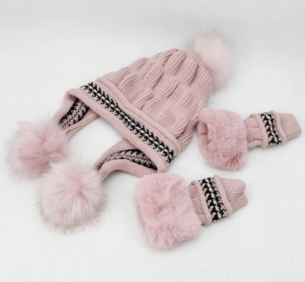 Roll Up Women's Girls Cute Winter Cozy Earflap Knitted Pom Pom Ski Cap Hat Beanies with matching Glove Mitten Set