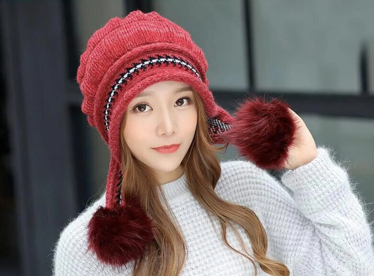 Roll Up Women's Girls Cute Winter Cozy Earflap Knitted Pom Pom Ski Cap Hat Beanies with matching Glove Mitten Set