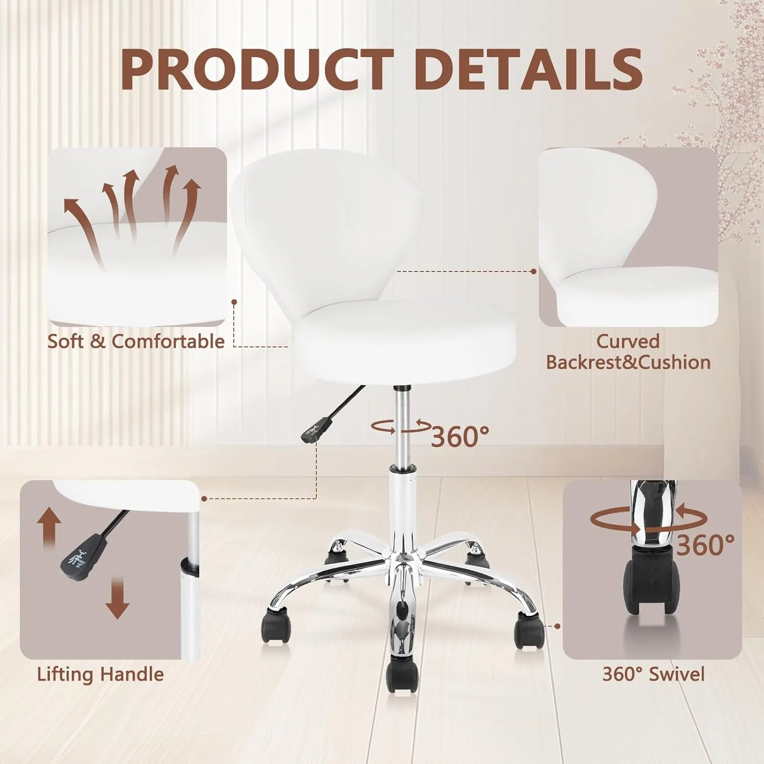 Rolling Swivel Salon Stool Chair with Back Support Adjustable Hydraulic for Office Massage Facial Spa Medical Drafting Tattoo Beauty Barber White