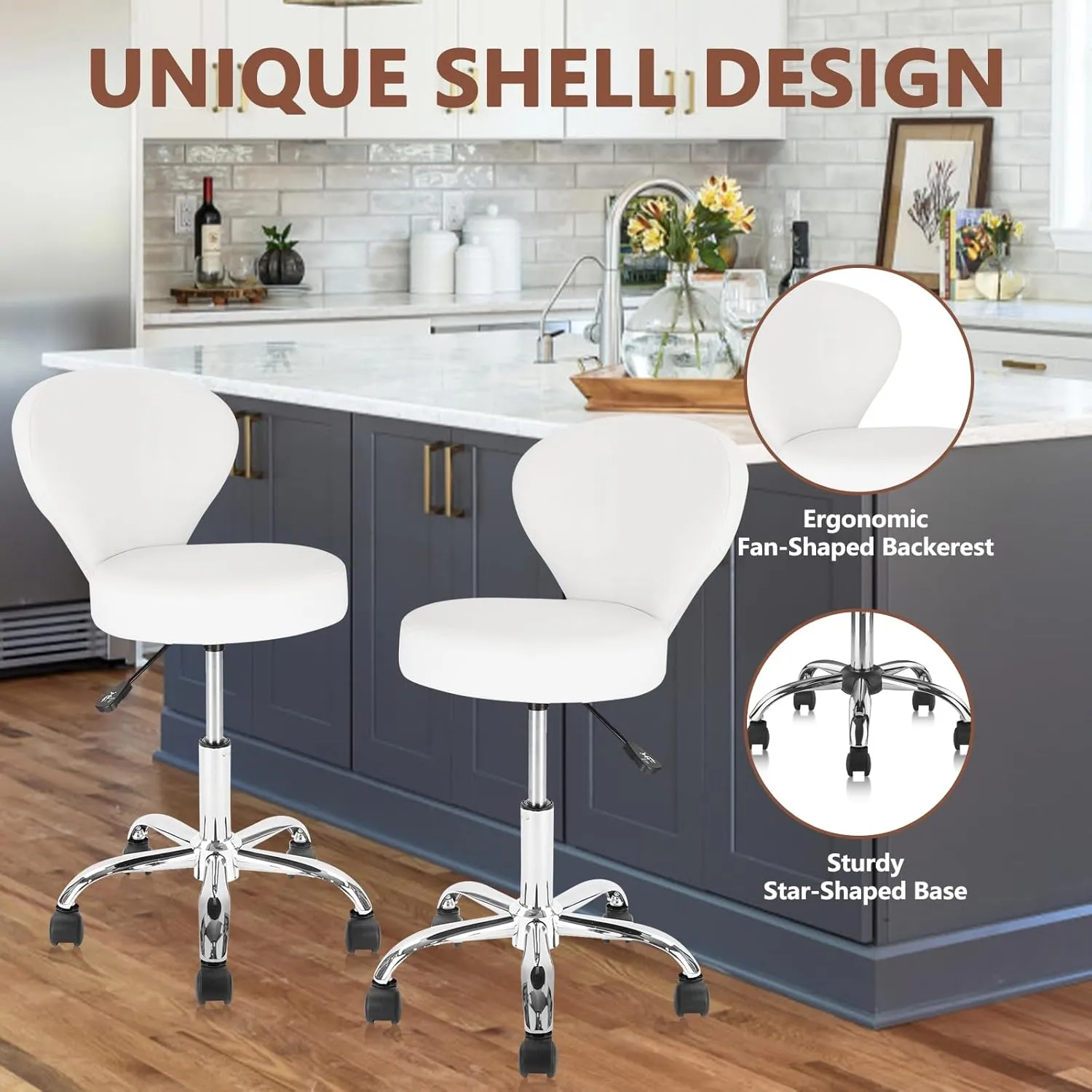 Rolling Swivel Salon Stool Chair with Back Support Adjustable Hydraulic for Office Massage Facial Spa Medical Drafting Tattoo Beauty Barber White