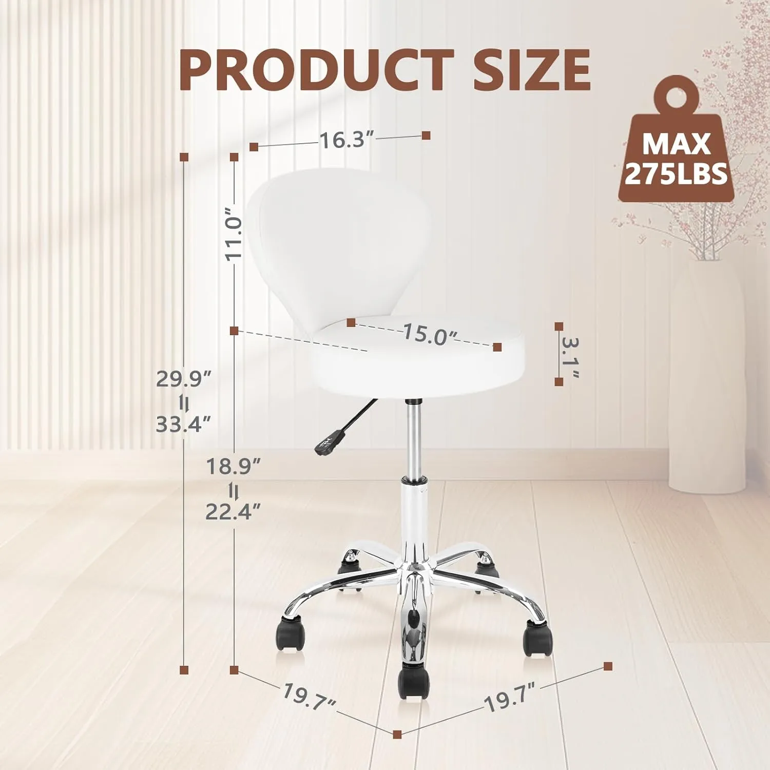 Rolling Swivel Salon Stool Chair with Back Support Adjustable Hydraulic for Office Massage Facial Spa Medical Drafting Tattoo Beauty Barber White