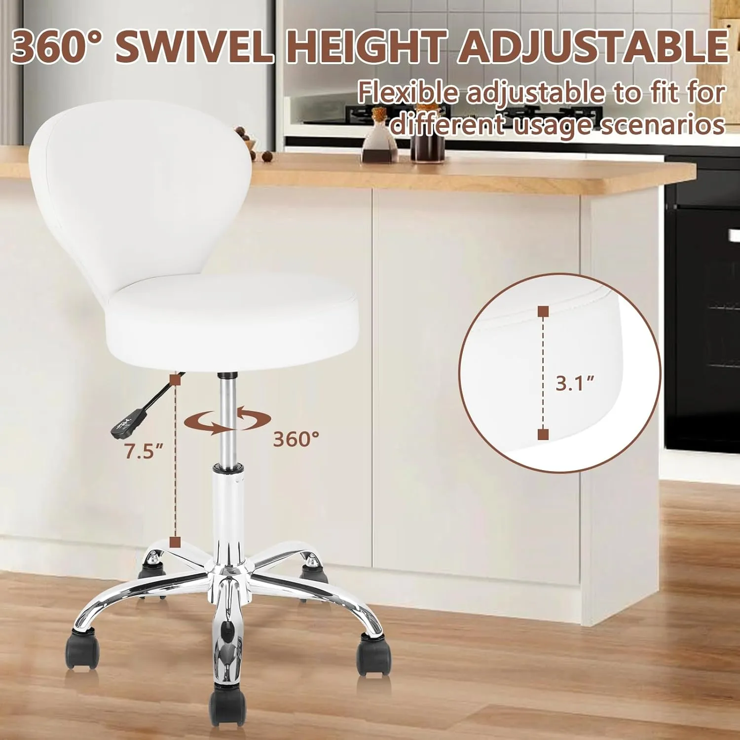 Rolling Swivel Salon Stool Chair with Back Support Adjustable Hydraulic for Office Massage Facial Spa Medical Drafting Tattoo Beauty Barber White