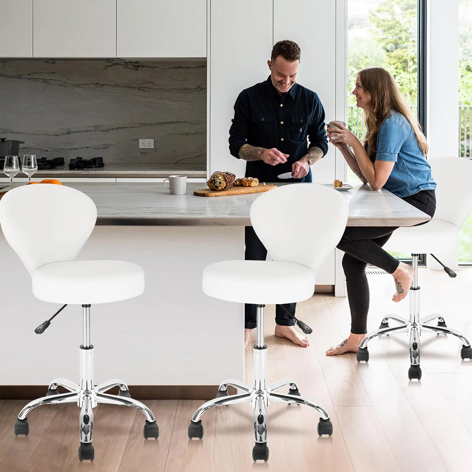 Rolling Swivel Salon Stool Chair with Back Support Adjustable Hydraulic for Office Massage Facial Spa Medical Drafting Tattoo Beauty Barber White