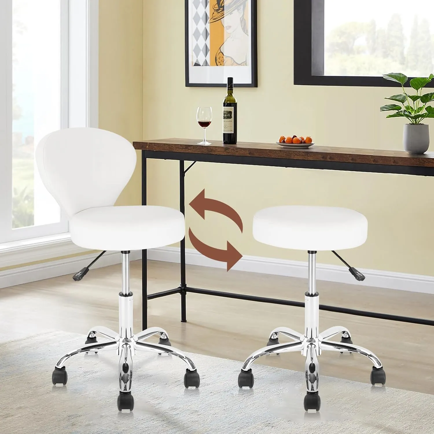 Rolling Swivel Salon Stool Chair with Back Support Adjustable Hydraulic for Office Massage Facial Spa Medical Drafting Tattoo Beauty Barber White