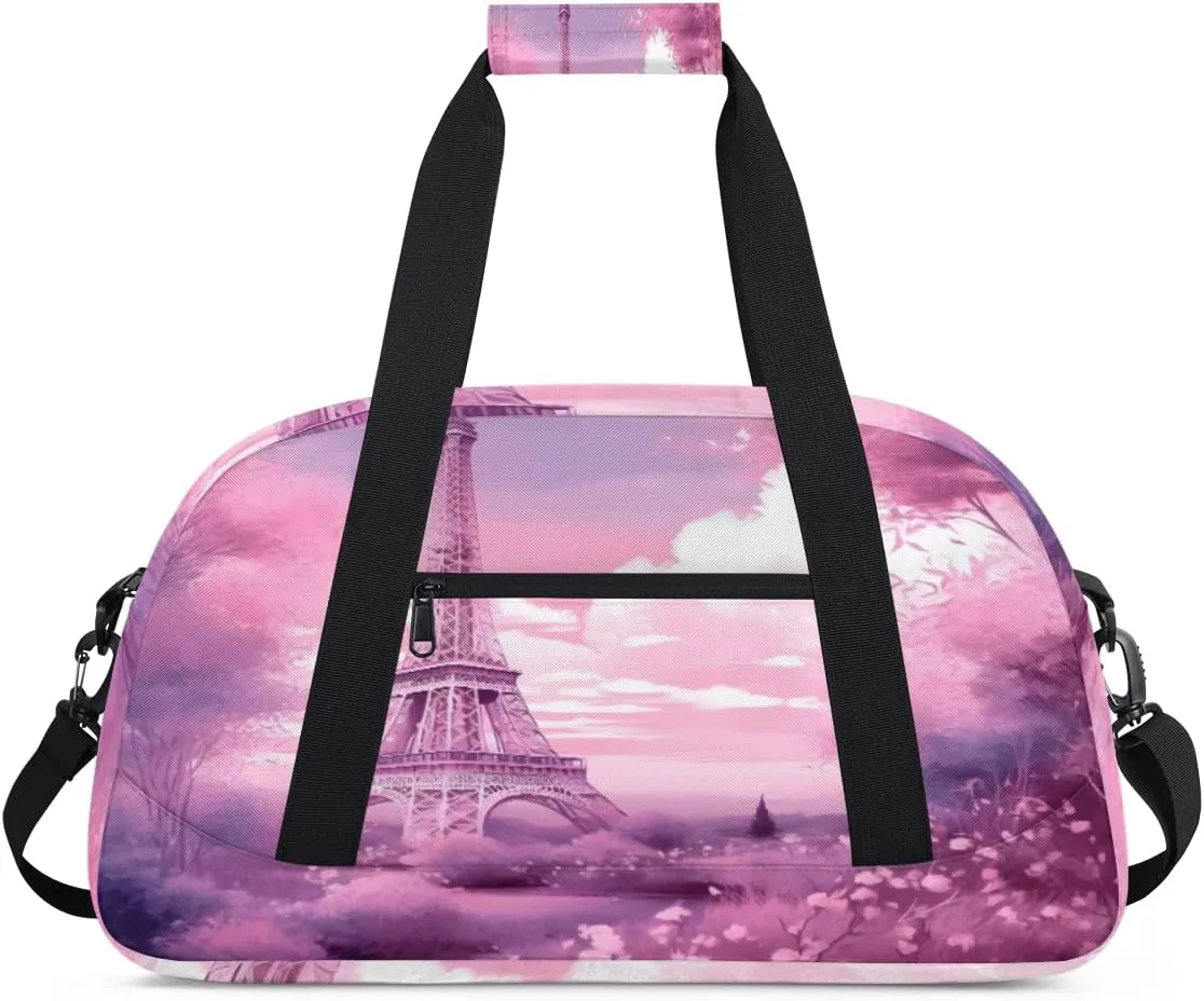 Romantic Paris Gym Duffel Bag for Men Women Eiffel Tower Sports Tote Bag with Adjustable Shoulder Strap for Dance Gymnastics Traveling Outdoor Camping Overnight Stay