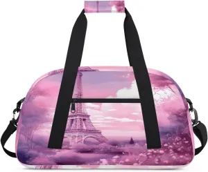 Romantic Paris Gym Duffel Bag for Men Women Eiffel Tower Sports Tote Bag with Adjustable Shoulder Strap for Dance Gymnastics Traveling Outdoor Camping Overnight Stay