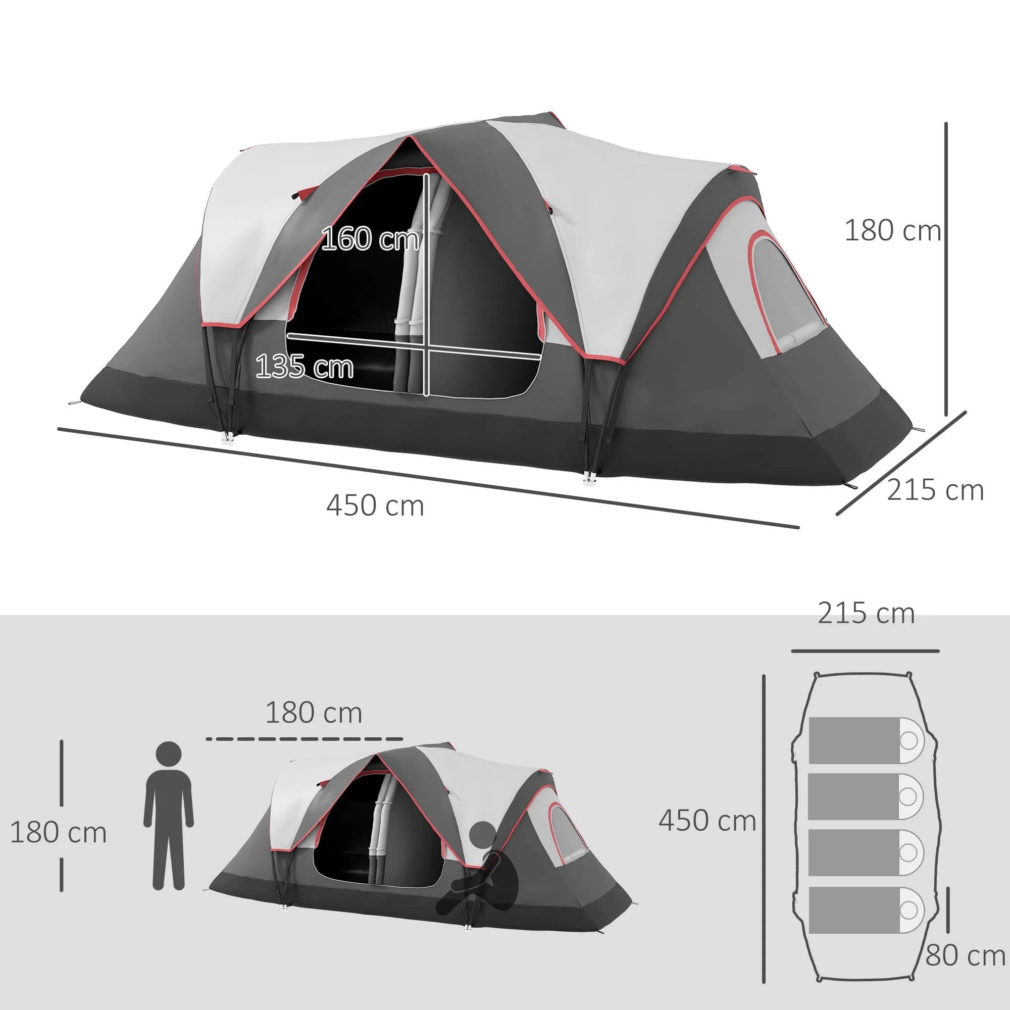 Rootz 2 Room Camping Tent - Partition Tent - Family Outdoor Shelter - Rain Protection - 450cm x 215cm x 180cm
