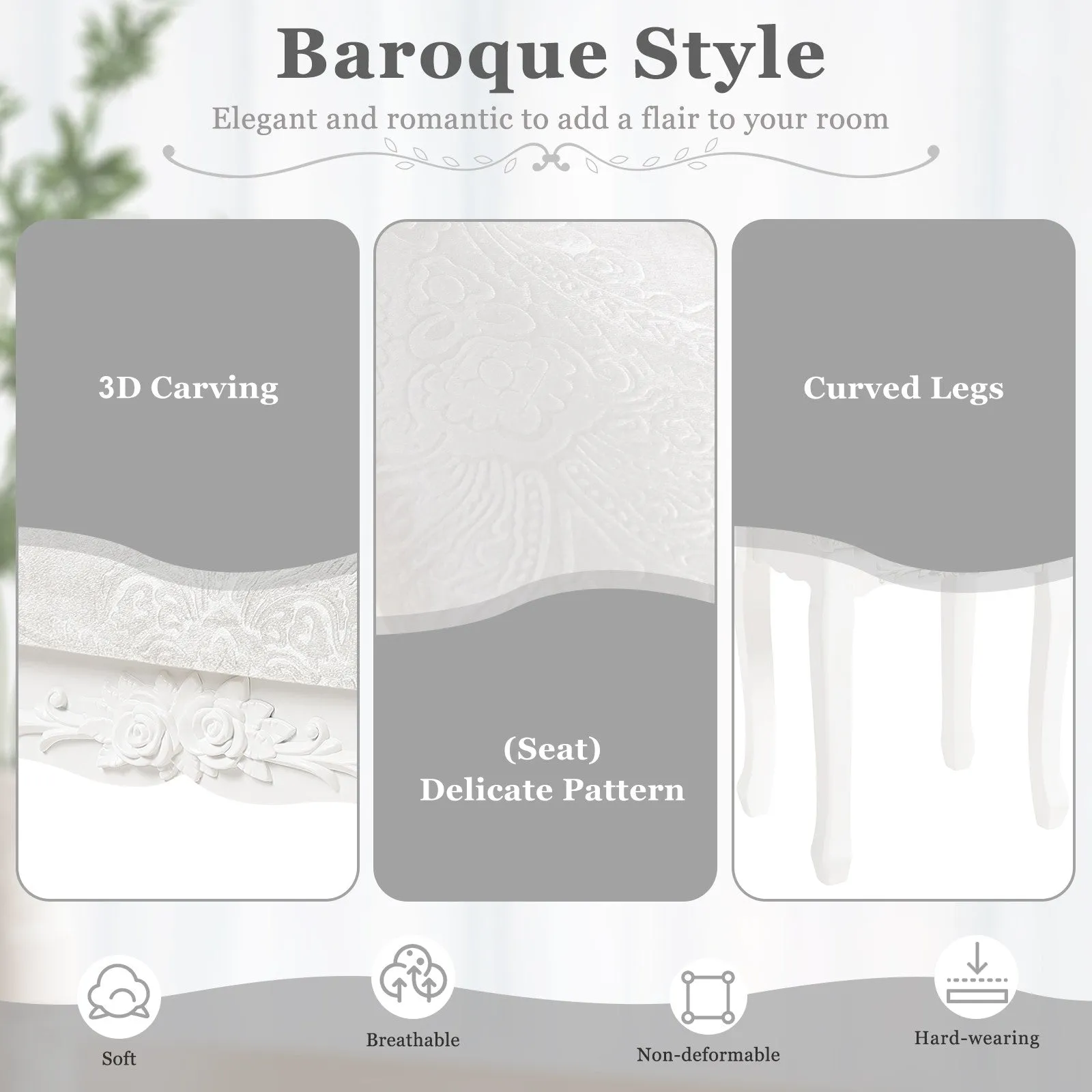 Rootz Baroque Style Makeup Stool - Vanity Chair - Padded Seat - Elegant Floral Pattern - Non-Slip Pads - 37cm x 50cm x 30cm