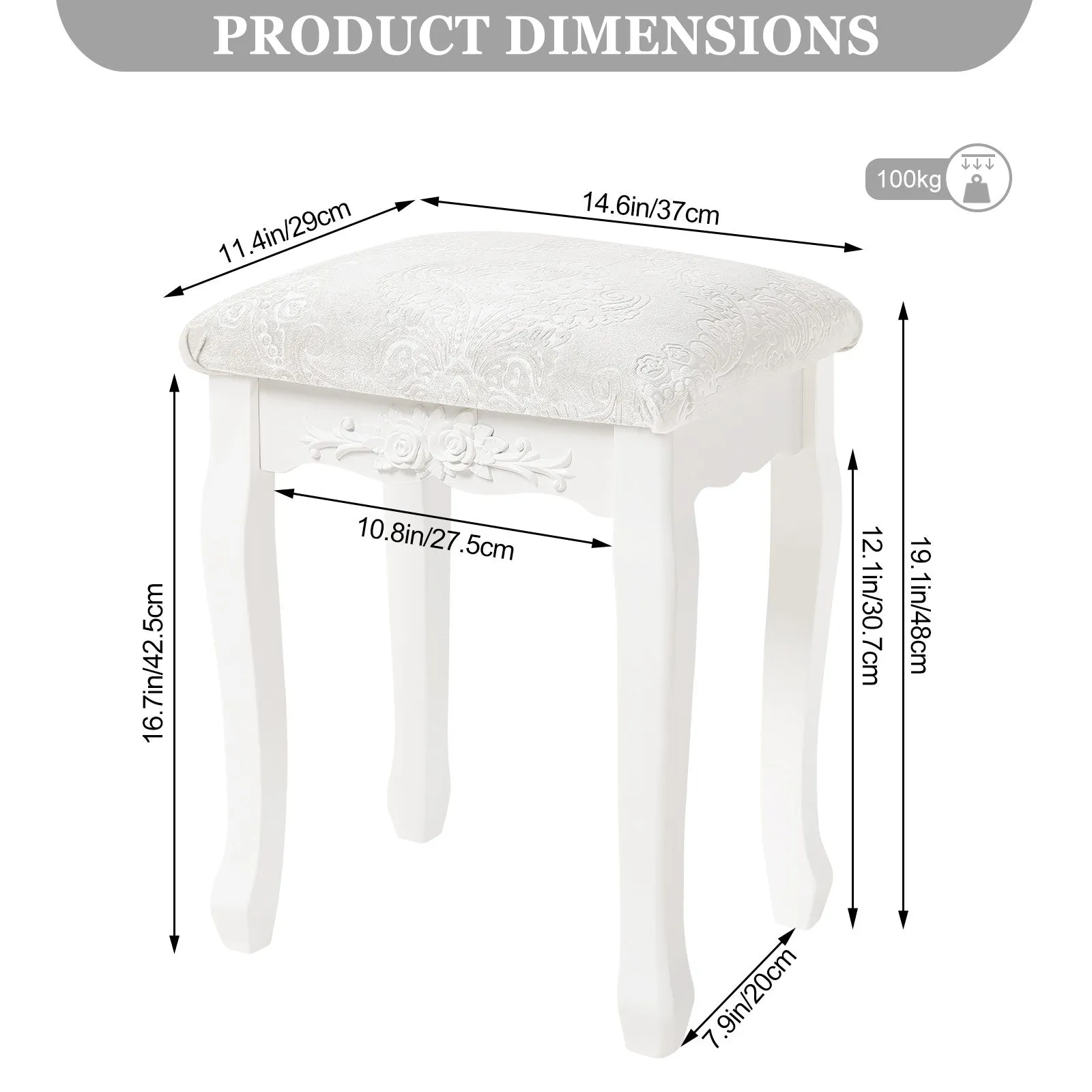 Rootz Baroque Style Makeup Stool - Vanity Chair - Padded Seat - Elegant Floral Pattern - Non-Slip Pads - 37cm x 50cm x 30cm