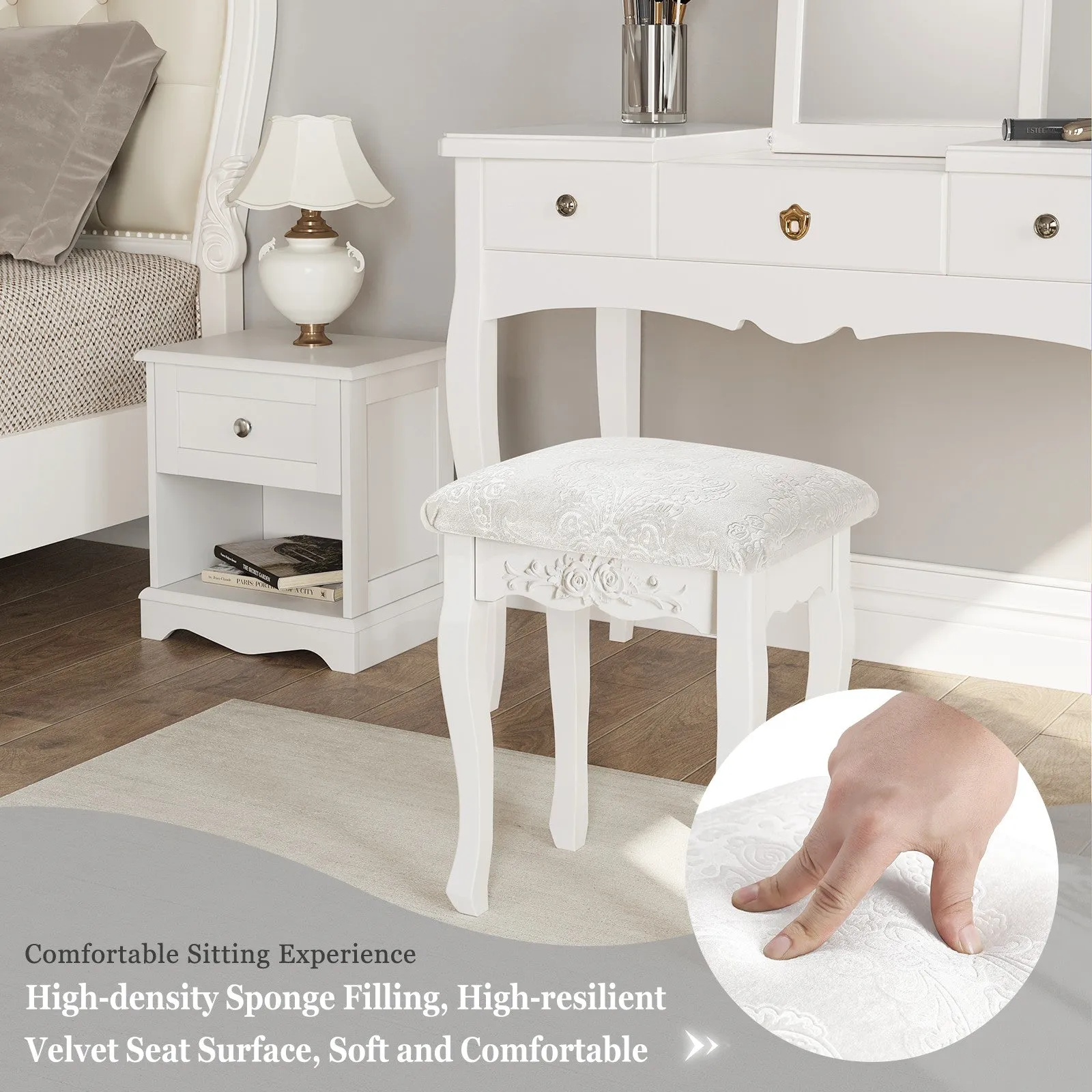 Rootz Baroque Style Makeup Stool - Vanity Chair - Padded Seat - Elegant Floral Pattern - Non-Slip Pads - 37cm x 50cm x 30cm
