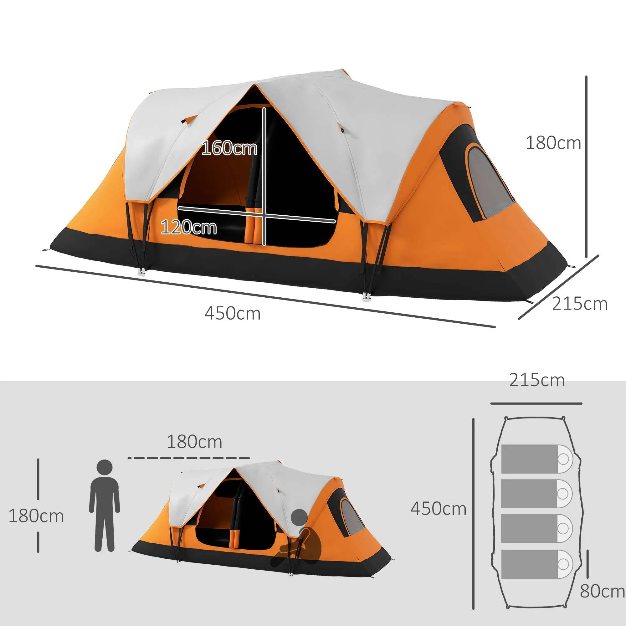 Rootz Camping Tent - 2 Room Tent - Shelter Tent - Rain Protection - 450cm x 215cm x 180cm
