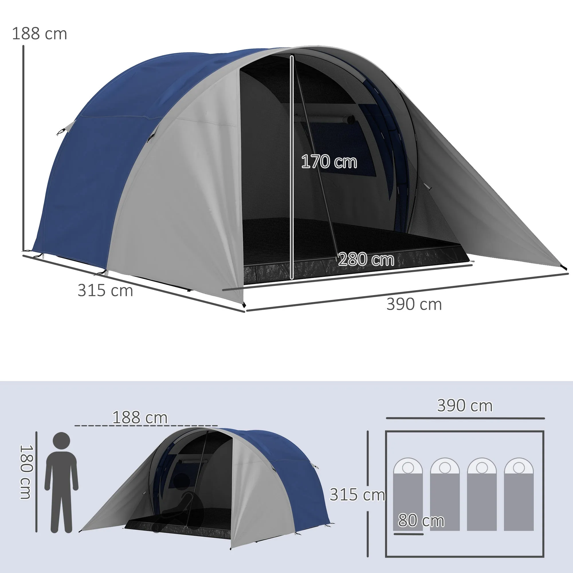 Rootz Family Camping Tent - Outdoor Tent - Backpacking Shelter - Waterproof & Ventilated - 390L x 315W x 188H cm