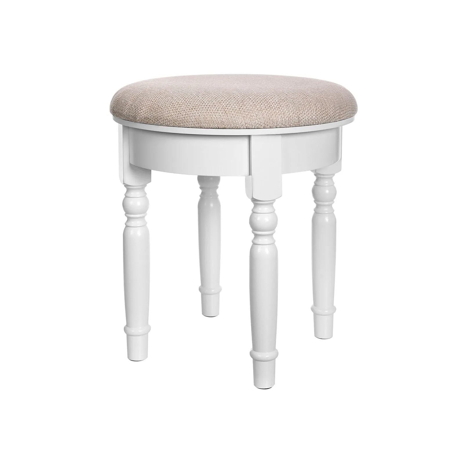 Rootz Upholstered Stool - Makeup Stool - Vanity Seat - Rubberwood Legs - Stable MDF Seat - Extra Large Seat - Thick Foam Padding - 42cm x 45cm - White