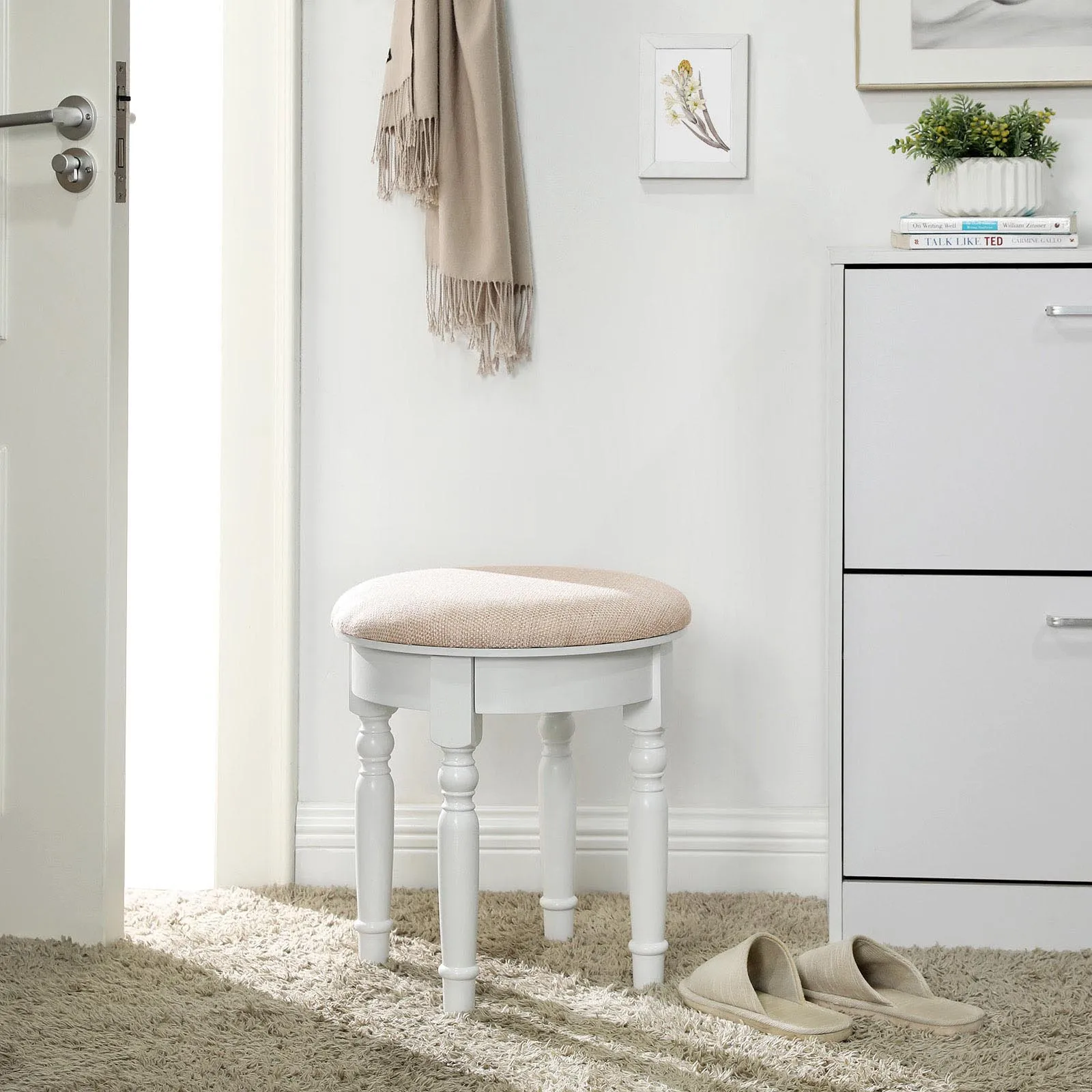 Rootz Upholstered Stool - Makeup Stool - Vanity Seat - Rubberwood Legs - Stable MDF Seat - Extra Large Seat - Thick Foam Padding - 42cm x 45cm - White