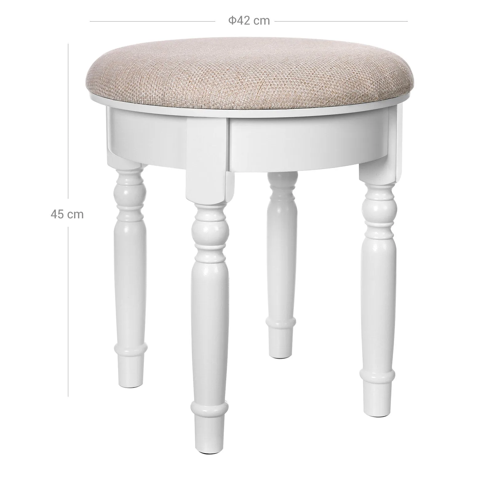 Rootz Upholstered Stool - Makeup Stool - Vanity Seat - Rubberwood Legs - Stable MDF Seat - Extra Large Seat - Thick Foam Padding - 42cm x 45cm - White