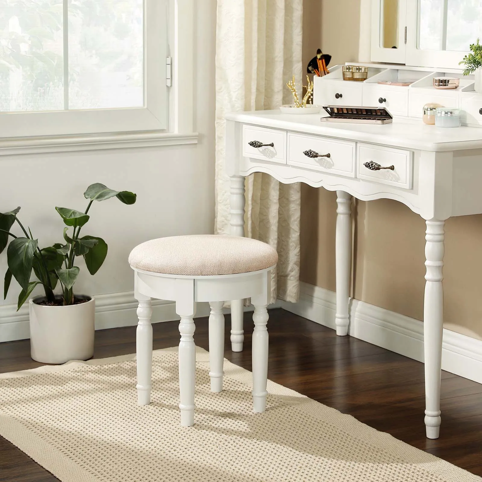 Rootz Upholstered Stool - Makeup Stool - Vanity Seat - Rubberwood Legs - Stable MDF Seat - Extra Large Seat - Thick Foam Padding - 42cm x 45cm - White