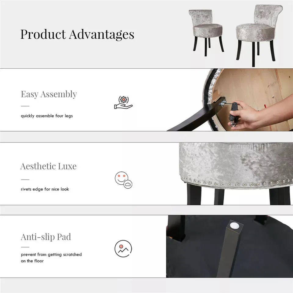 Round Vanity Stool with Padded Seat and Backrest