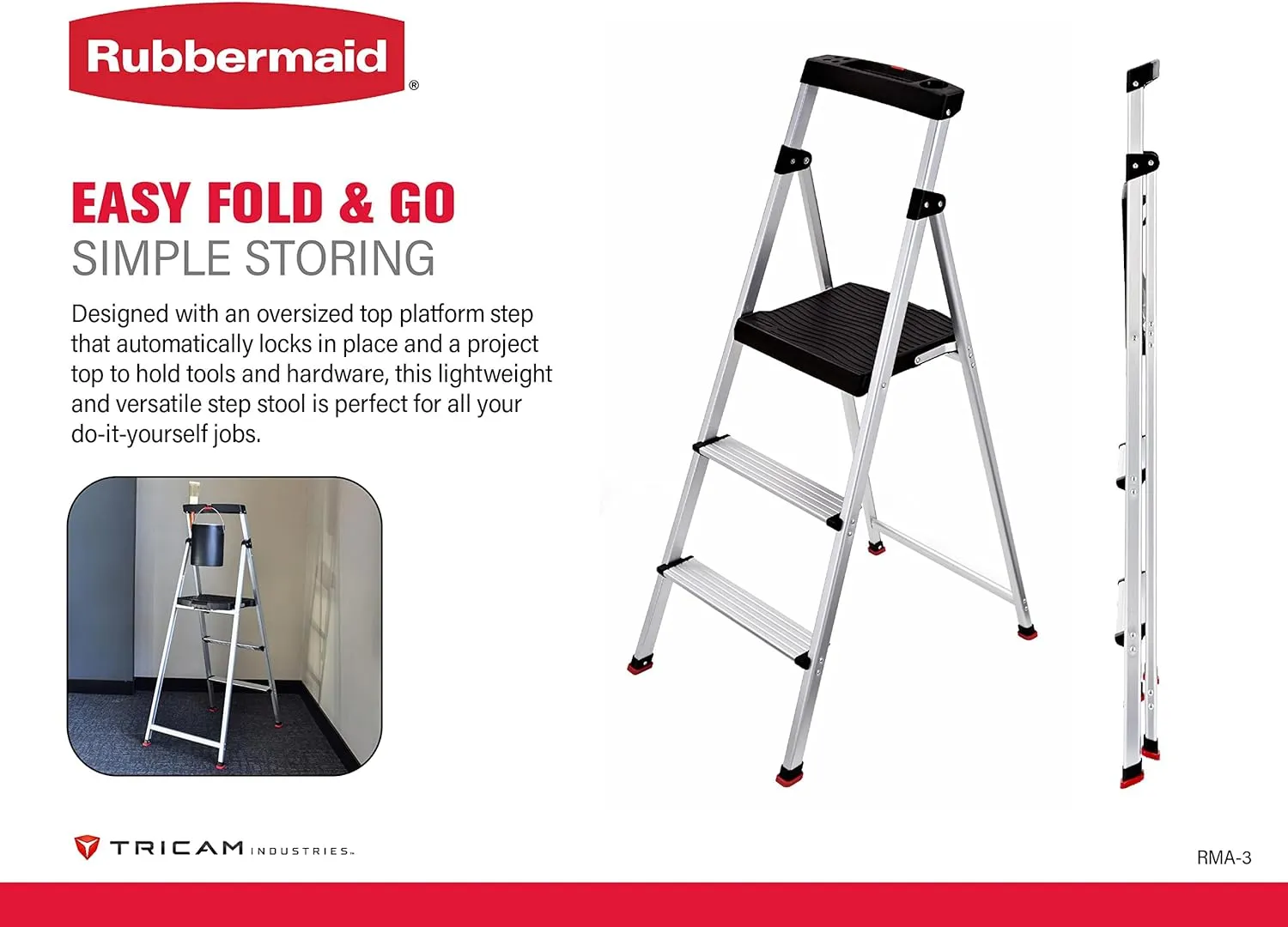 Rubbermaid 3-Step Ladder, Aluminum Lightweight Folding Step Stool with Project Top, Silver, Tested to US Safety Standards, No Assembly Required