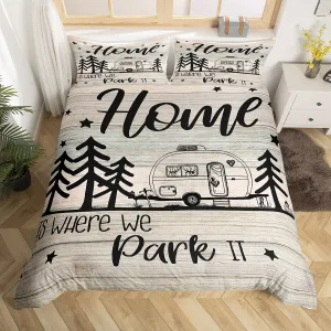 RV Happy Camping Bedding Set Queen Size,Home is Where We Park It Duvet Cover Set for Children Bedroom Present, Rustic Farm Camping Lovers Microfiber Comforter Cover with 2 Pillowcases