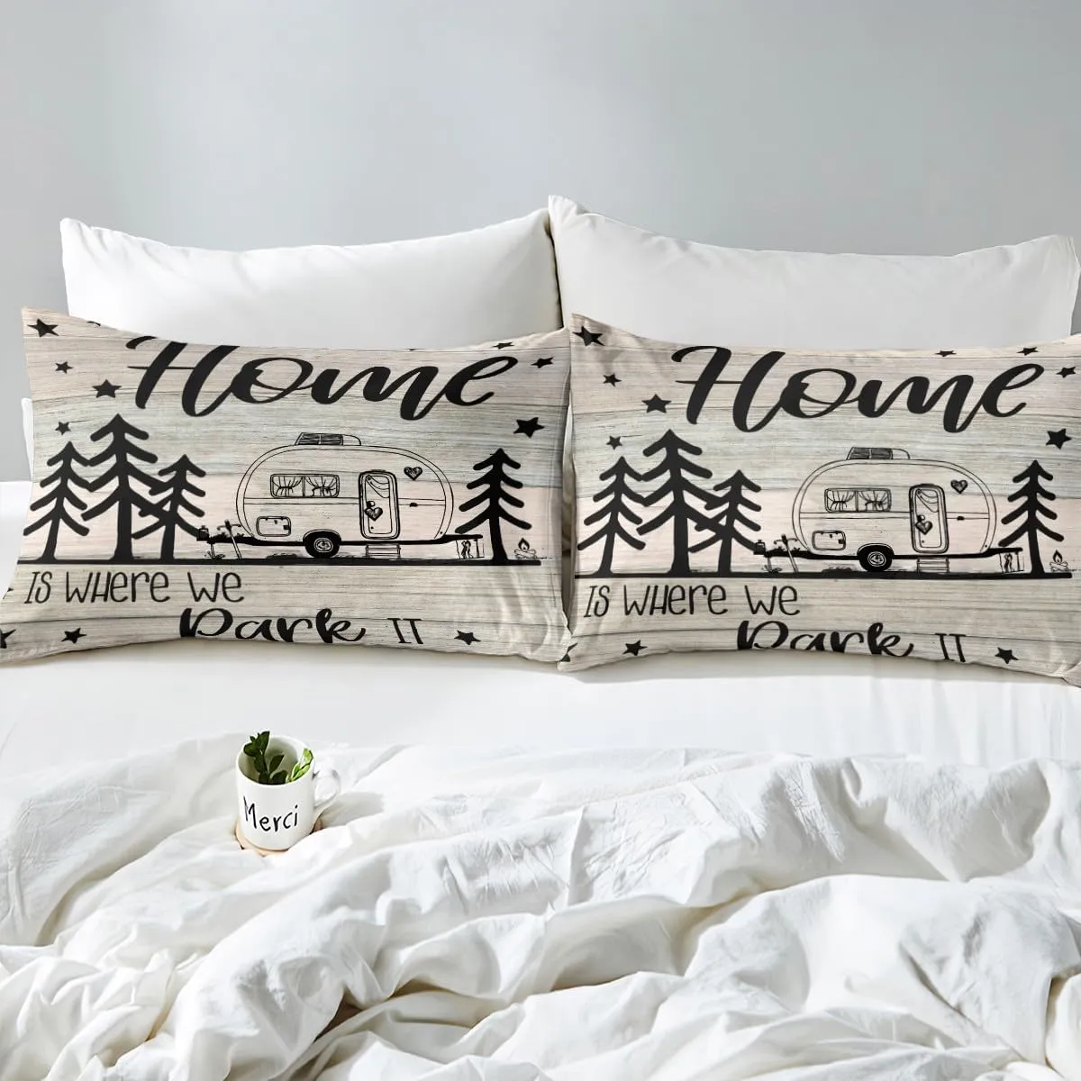 RV Happy Camping Bedding Set Queen Size,Home is Where We Park It Duvet Cover Set for Children Bedroom Present, Rustic Farm Camping Lovers Microfiber Comforter Cover with 2 Pillowcases