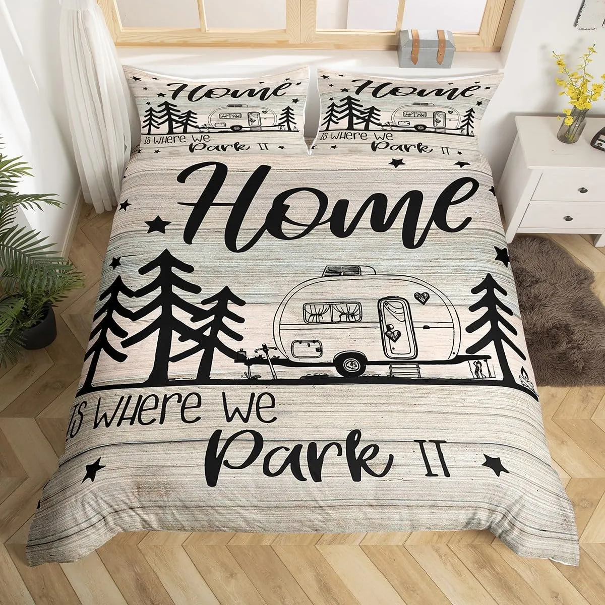 RV Happy Camping Bedding Set Queen Size,Home is Where We Park It Duvet Cover Set for Children Bedroom Present, Rustic Farm Camping Lovers Microfiber Comforter Cover with 2 Pillowcases