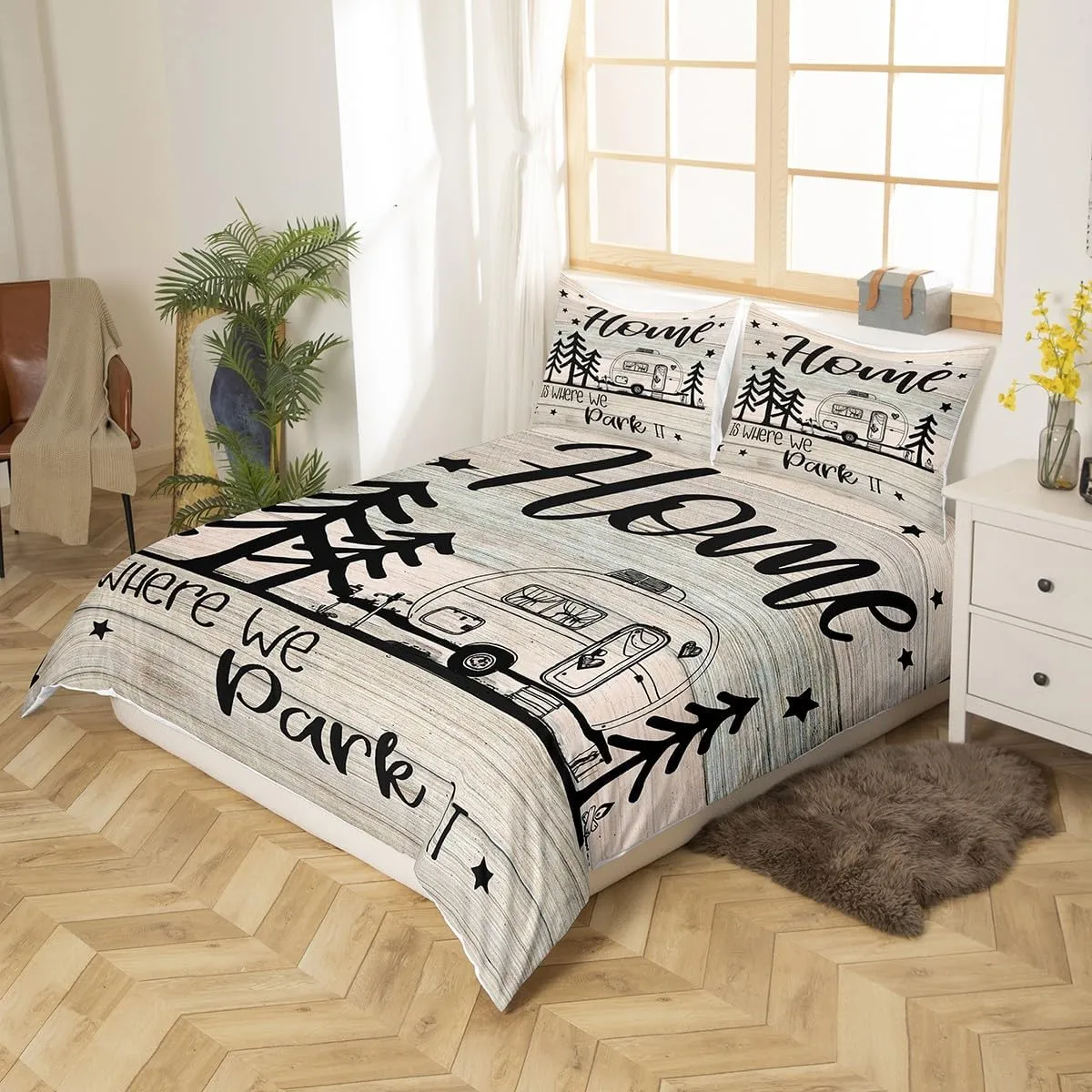 RV Happy Camping Bedding Set Queen Size,Home is Where We Park It Duvet Cover Set for Children Bedroom Present, Rustic Farm Camping Lovers Microfiber Comforter Cover with 2 Pillowcases