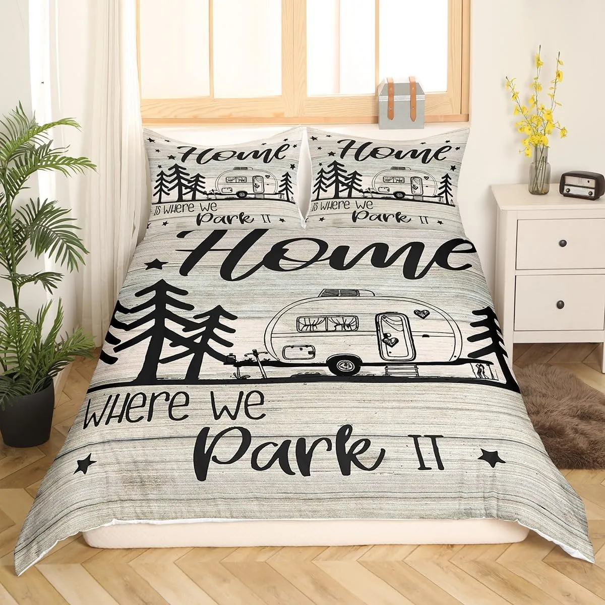 RV Happy Camping Bedding Set Queen Size,Home is Where We Park It Duvet Cover Set for Children Bedroom Present, Rustic Farm Camping Lovers Microfiber Comforter Cover with 2 Pillowcases