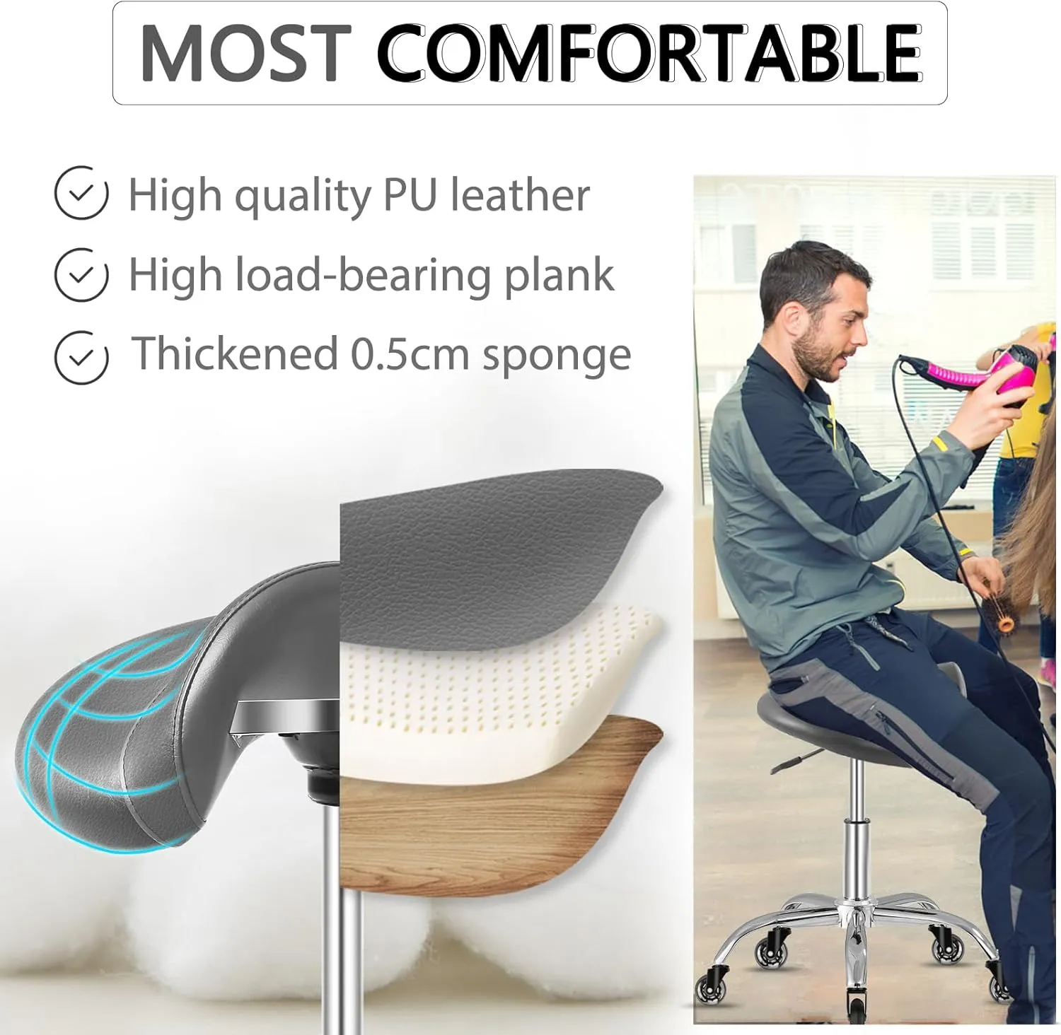 Saddle Stool with Wheels 300 lbs Weight Capacity, Heavy Duty Rolling Stool for Medical Massage Salon Kitchen Spa Drafting Nail-Tech,Height Adjustable,360 Swivel,Wide Thick Seat Padding (Grey)