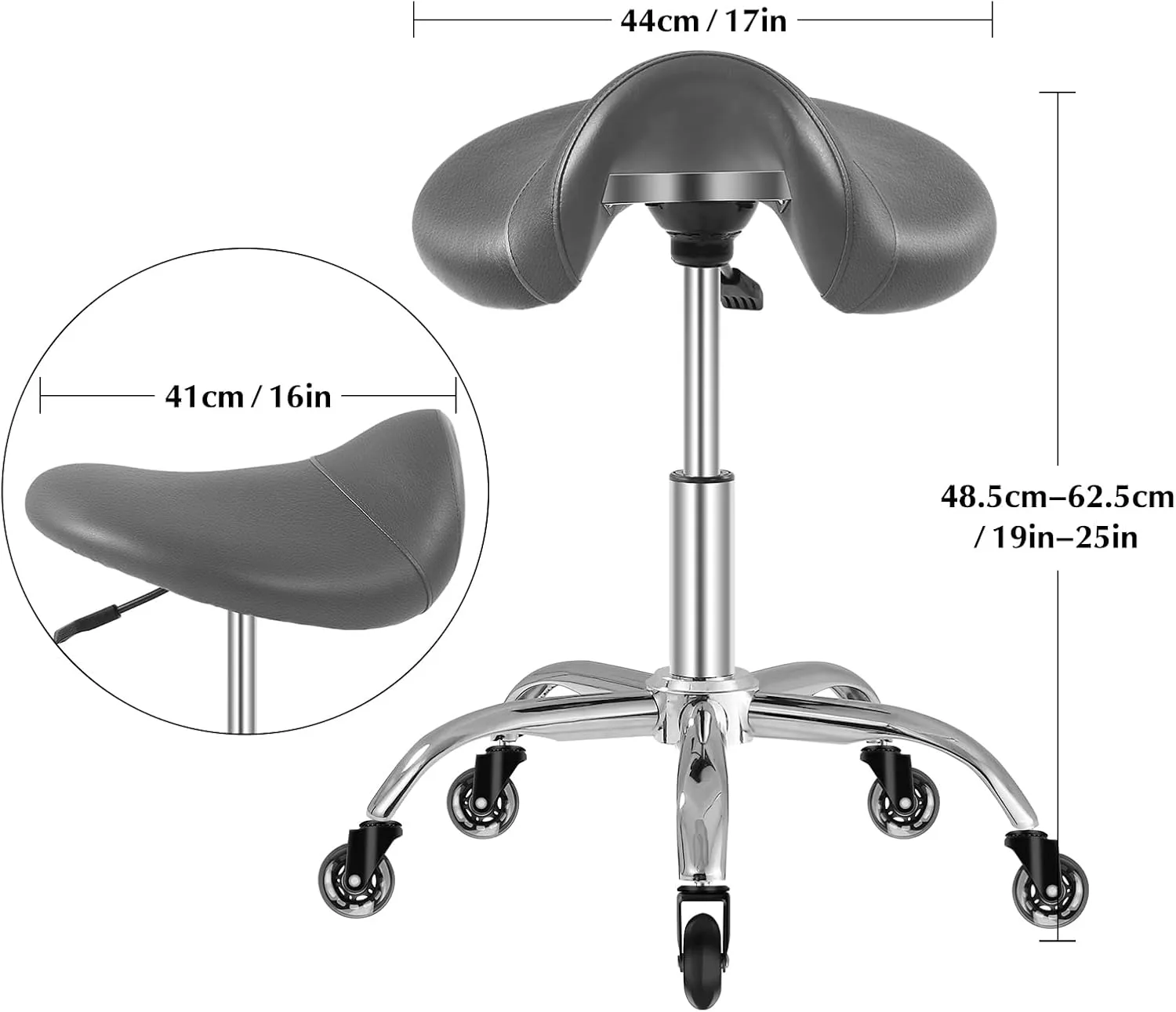 Saddle Stool with Wheels 300 lbs Weight Capacity, Heavy Duty Rolling Stool for Medical Massage Salon Kitchen Spa Drafting Nail-Tech,Height Adjustable,360 Swivel,Wide Thick Seat Padding (Grey)