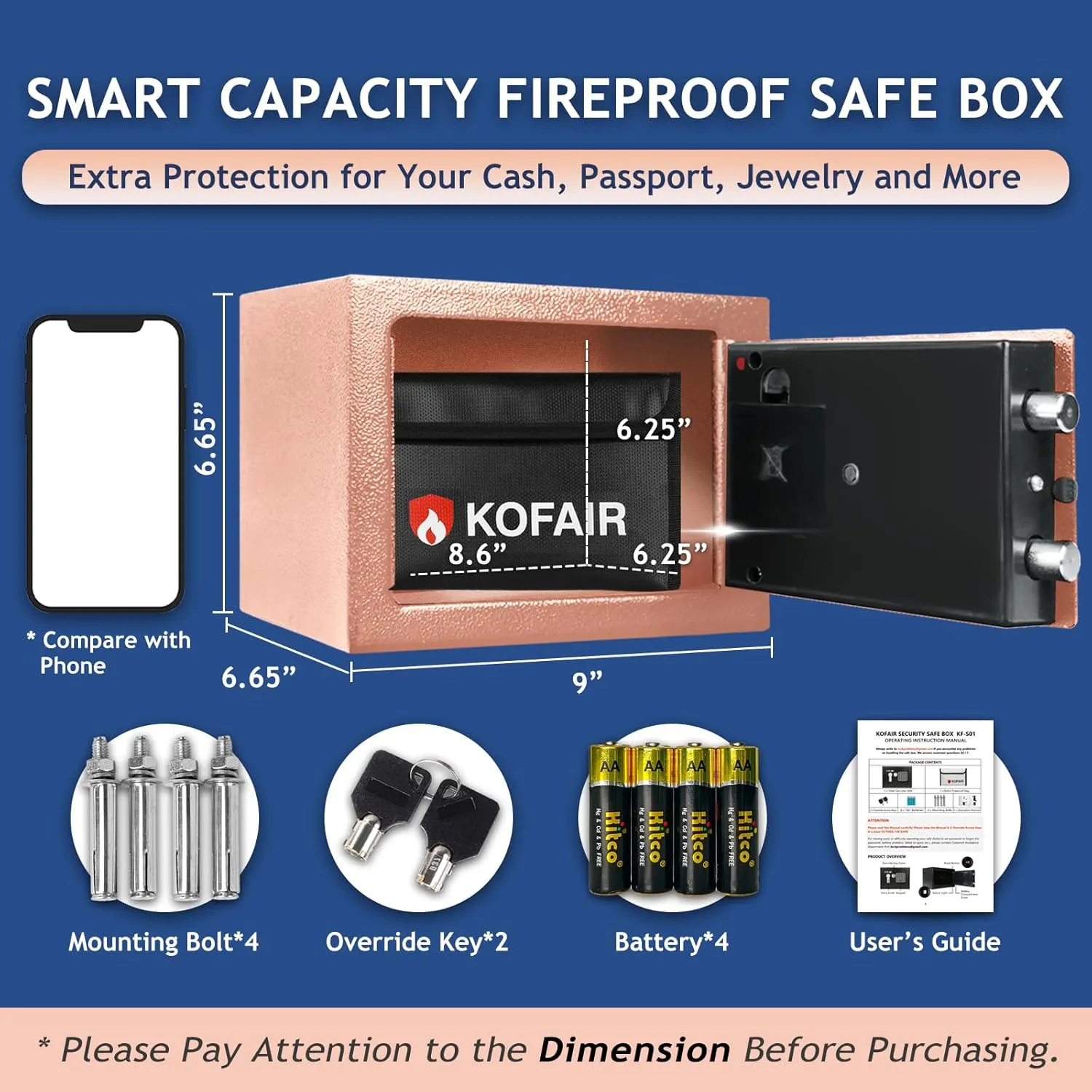 Safe Box (0.23 Cubic Feet) With Fireproof Bag, Digital Safety Box for Money and Cash Saving, Mini Lock Box With Key and Light (Gold Khaki)