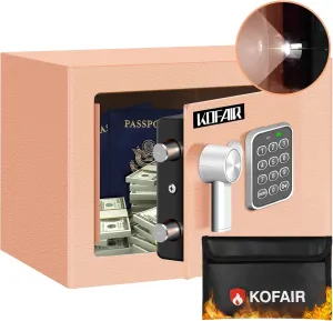 Safe Box (0.23 Cubic Feet) With Fireproof Bag, Digital Safety Box for Money and Cash Saving, Mini Lock Box With Key and Light (Gold Khaki)