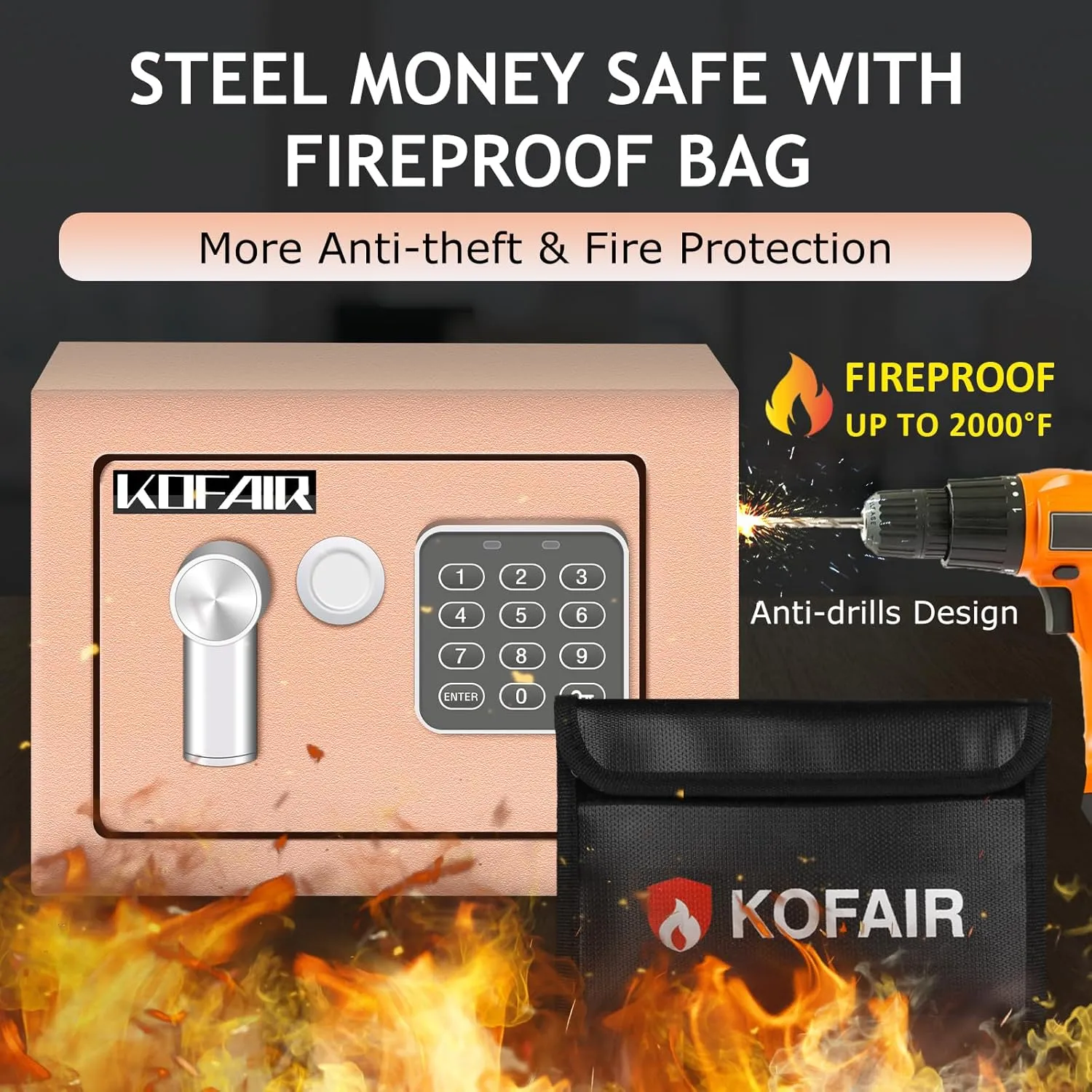 Safe Box (0.23 Cubic Feet) With Fireproof Bag, Digital Safety Box for Money and Cash Saving, Mini Lock Box With Key and Light (Gold Khaki)