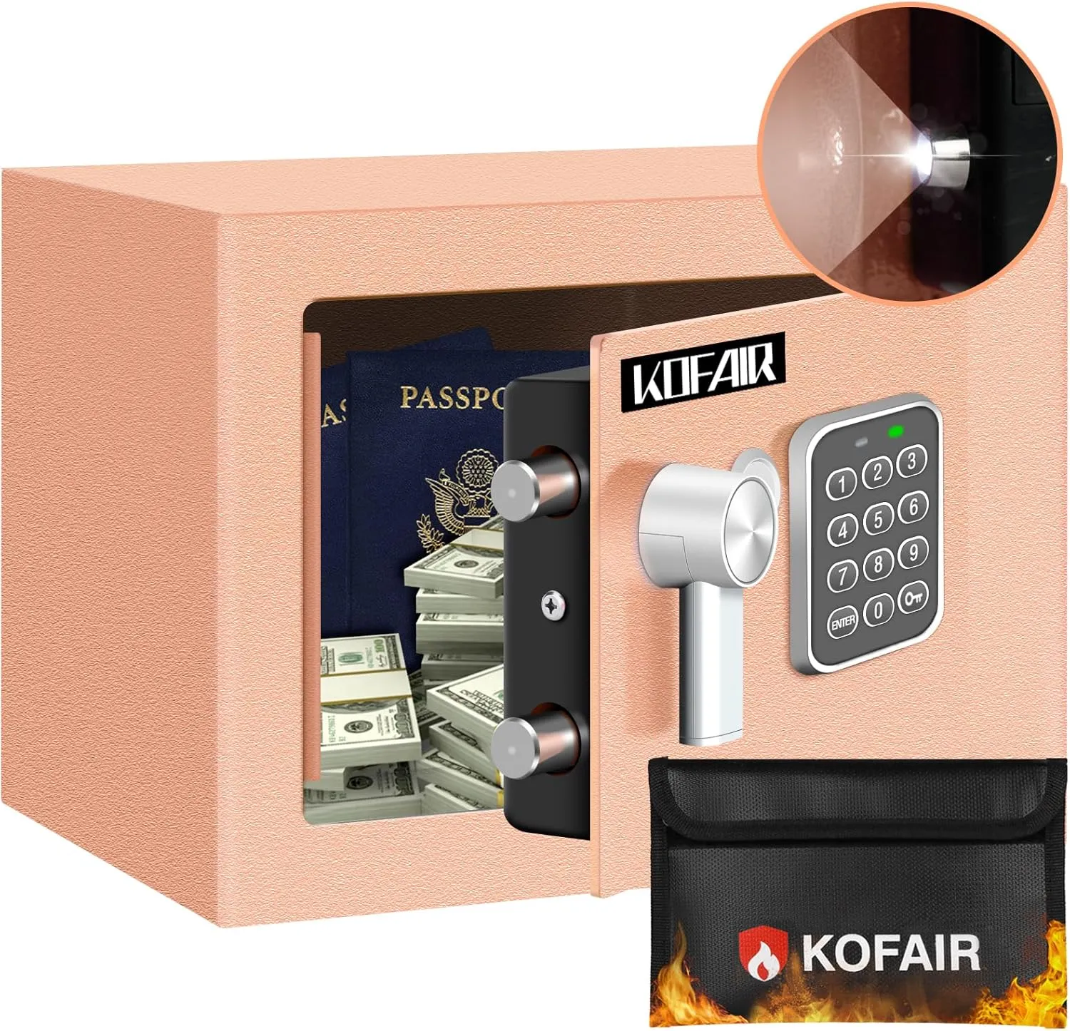 Safe Box (0.23 Cubic Feet) With Fireproof Bag, Digital Safety Box for Money and Cash Saving, Mini Lock Box With Key and Light (Gold Khaki)