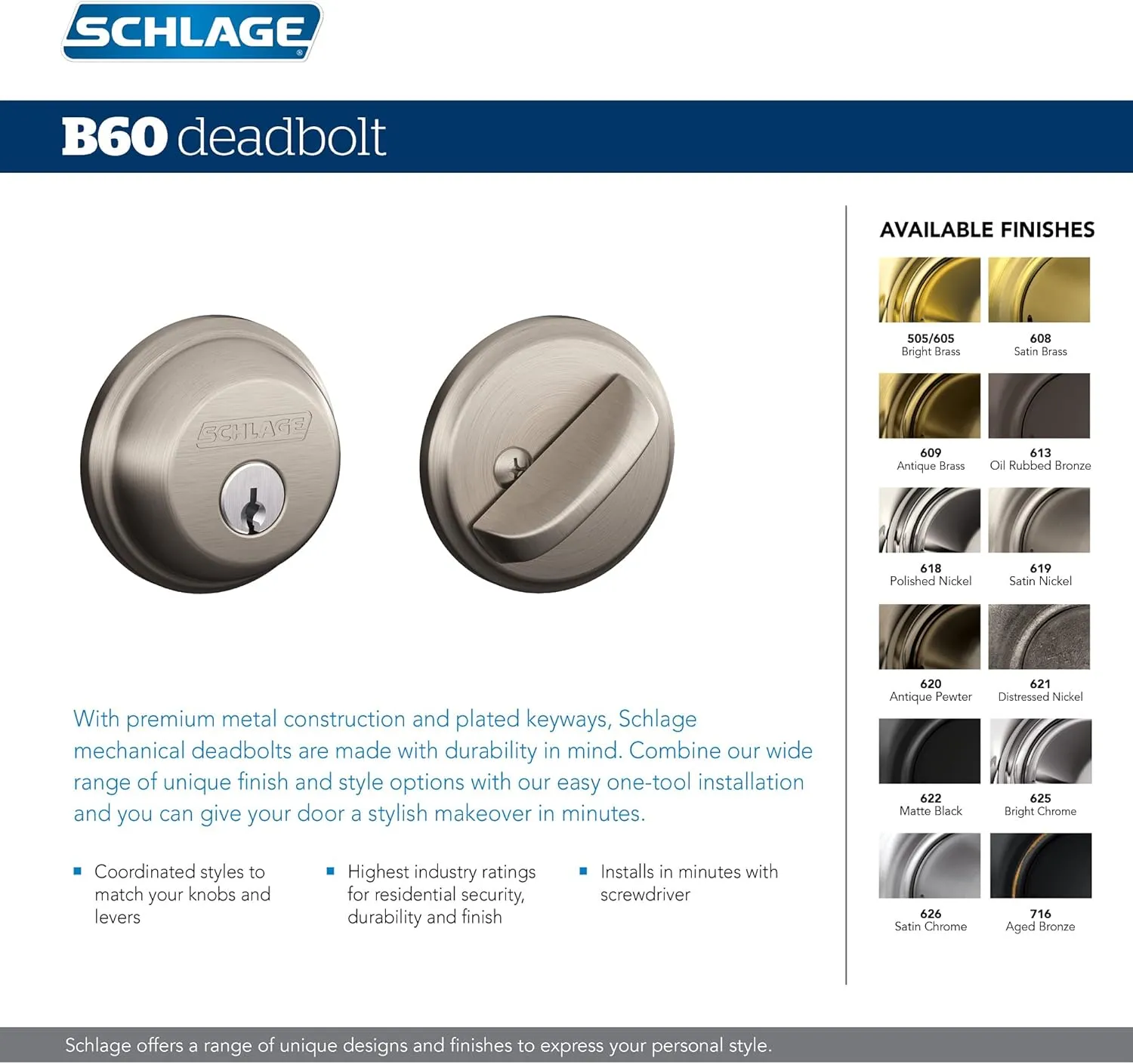 SCHLAGE B60N625 Deadbolt, Keyed 1 Side, Bright Chrome