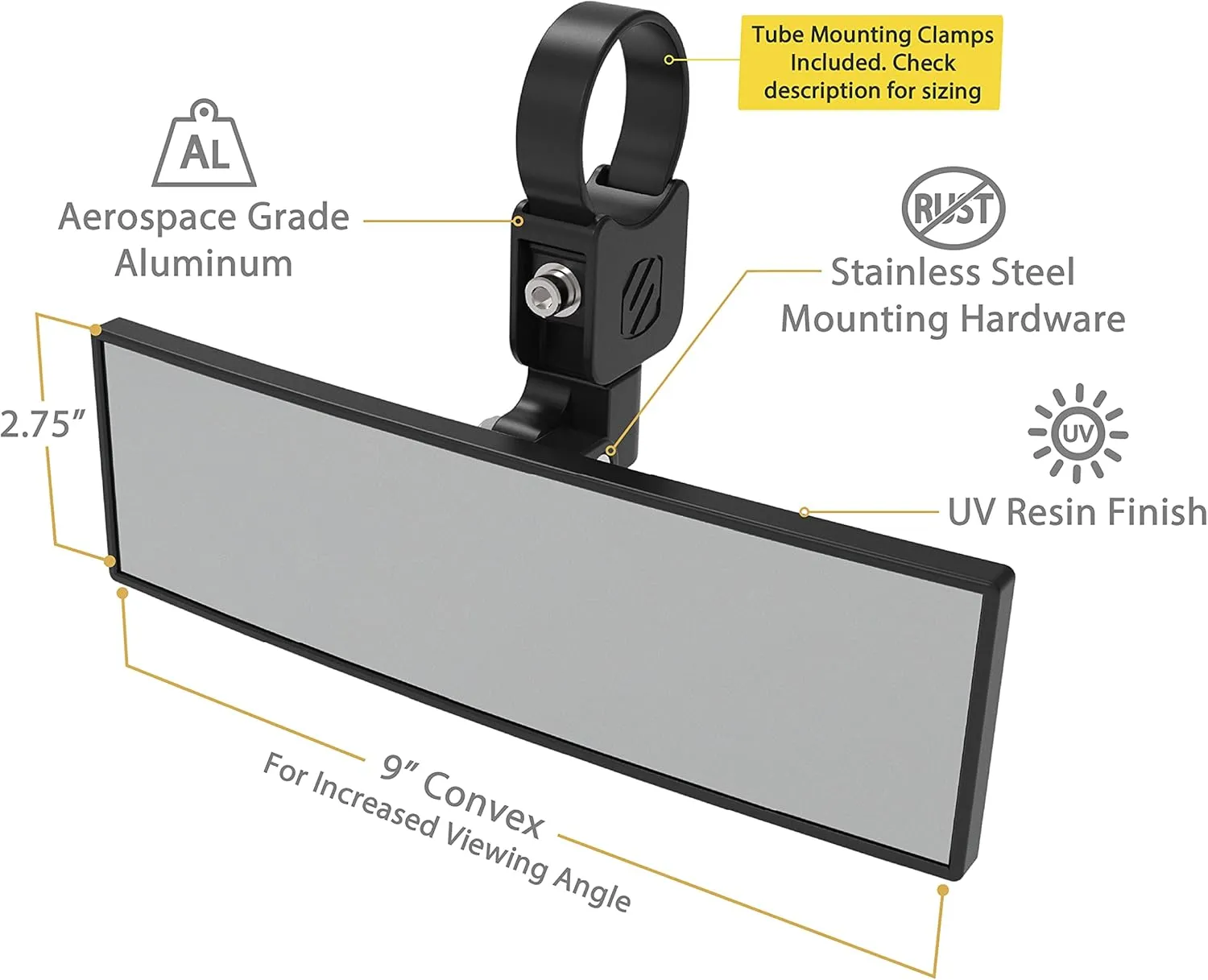 SCOSCHE PSM21009-15 BaseClamp 9” Panoramic View Mirror with 1.5” Tube Clamp for ATV's UTV's and Side x Sides