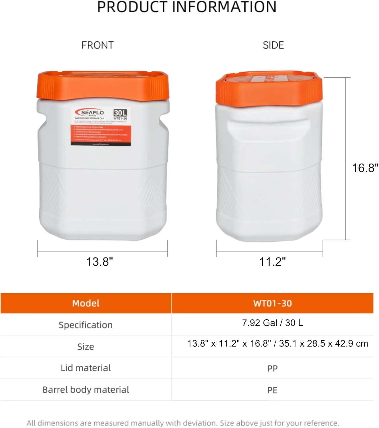 SEAFLO Waterproof Storage Bins with Lid for Marine, RV, Storage, Kayak, Camping 7.92 Gal / 30 L