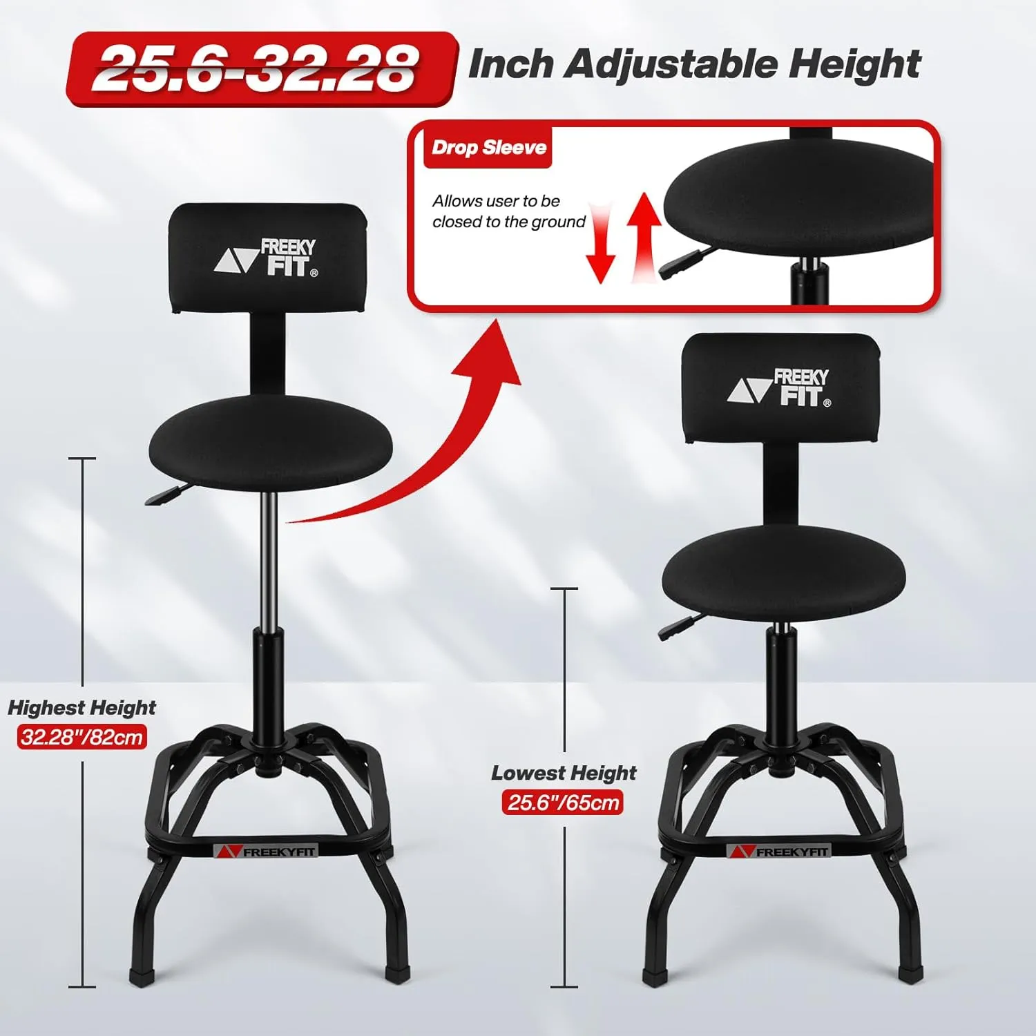 Shop Stool with Backrest, Mechanic Garage Stool for Workshop, Adjustable Stool Chair, Padded Workbench Stool for Men Women, 300 LBS Capacity, 360° Swivel PVC Seat, Heavy Duty, Black