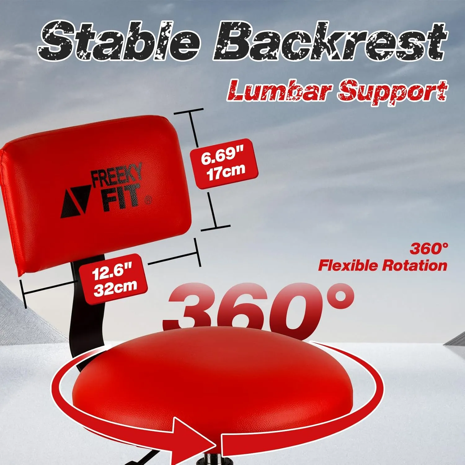 Shop Stool with Backrest, Mechanic Garage Stool for Workshop, Adjustable Stool Chair, Padded Workbench Stool for Men Women, 300 LBS Capacity, 360° Swivel PVC Seat, Heavy Duty, Red