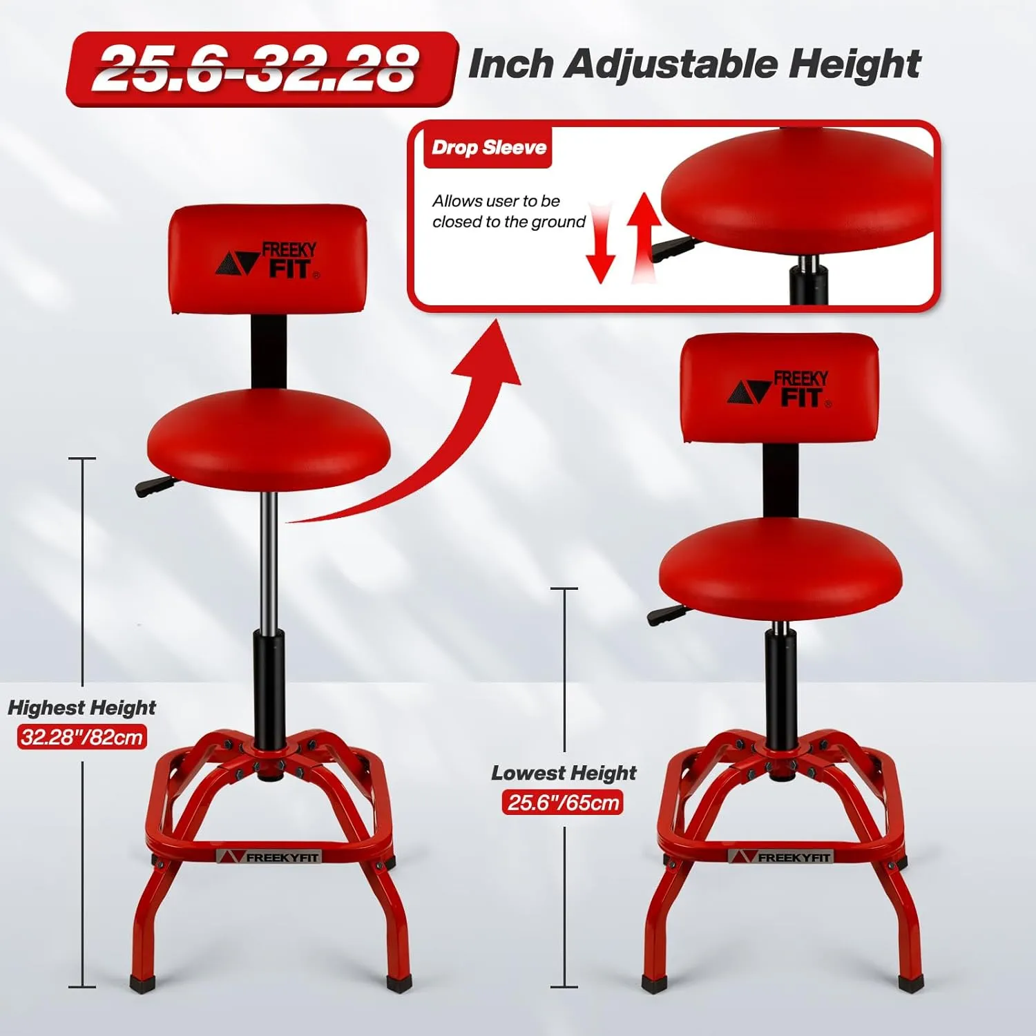 Shop Stool with Backrest, Mechanic Garage Stool for Workshop, Adjustable Stool Chair, Padded Workbench Stool for Men Women, 300 LBS Capacity, 360° Swivel PVC Seat, Heavy Duty, Red