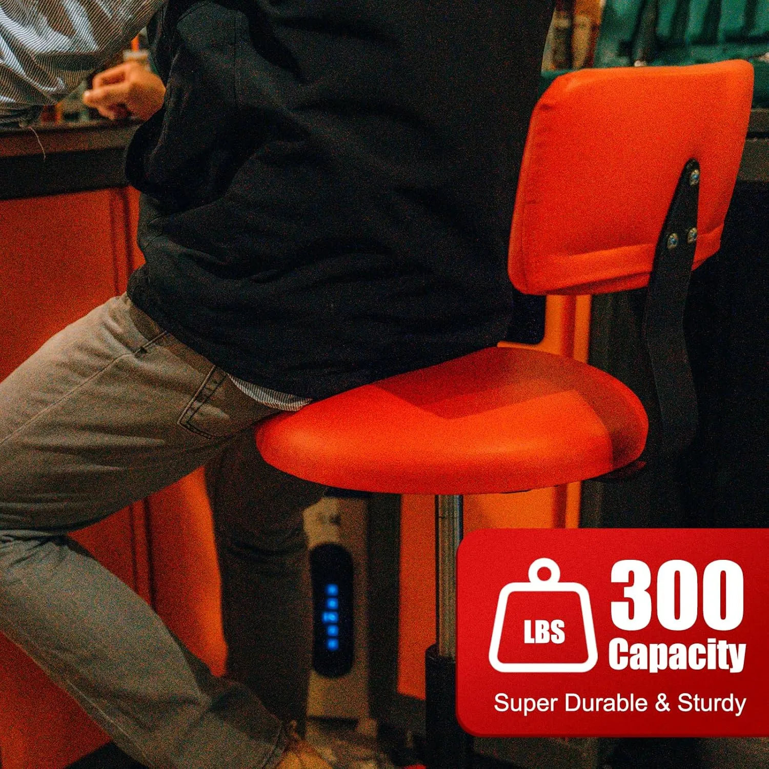 Shop Stool with Backrest, Mechanic Garage Stool for Workshop, Adjustable Stool Chair, Padded Workbench Stool for Men Women, 300 LBS Capacity, 360° Swivel PVC Seat, Heavy Duty, Red