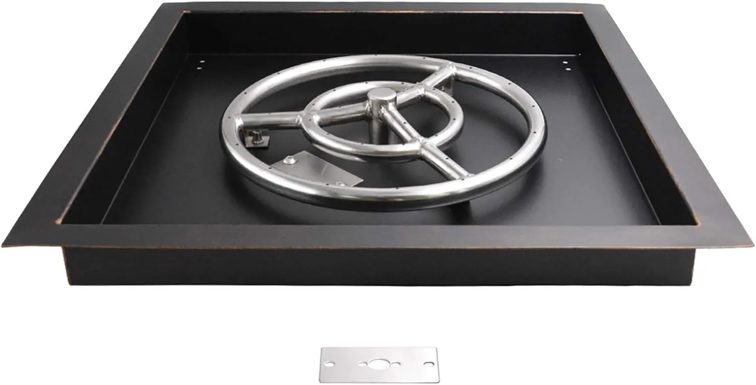 Skyflame 18 inch Square Fire Pit Burner Pan with 12" Round Fire Ring - Drop-in Style for Backyard Fire Table - Made of Steel