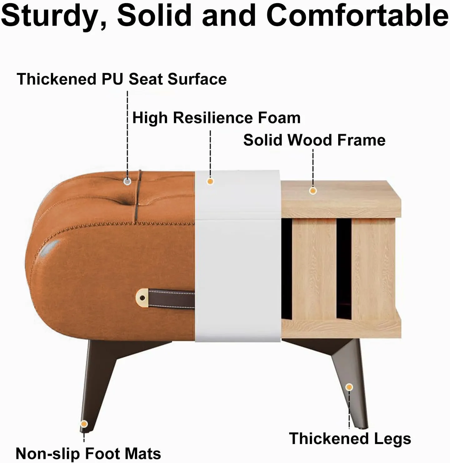 Small Ottoman Foot Stool with Handle, Faux Leather Foot Stool and Ottomans, Modern Foot Rest with Legs, Bedside Step Stool with Padded Seat for Couch, Bedside, Living Room (Whisky Brown)