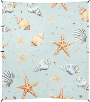 Small Starfish and Shells Light Blue Foldable Beach Tent UPF50  Waterproof Large Portable Sun Shelter with Sturdy Poles, Sandbags and Shovel for Camping, Picnics, Backyard & Fishing
