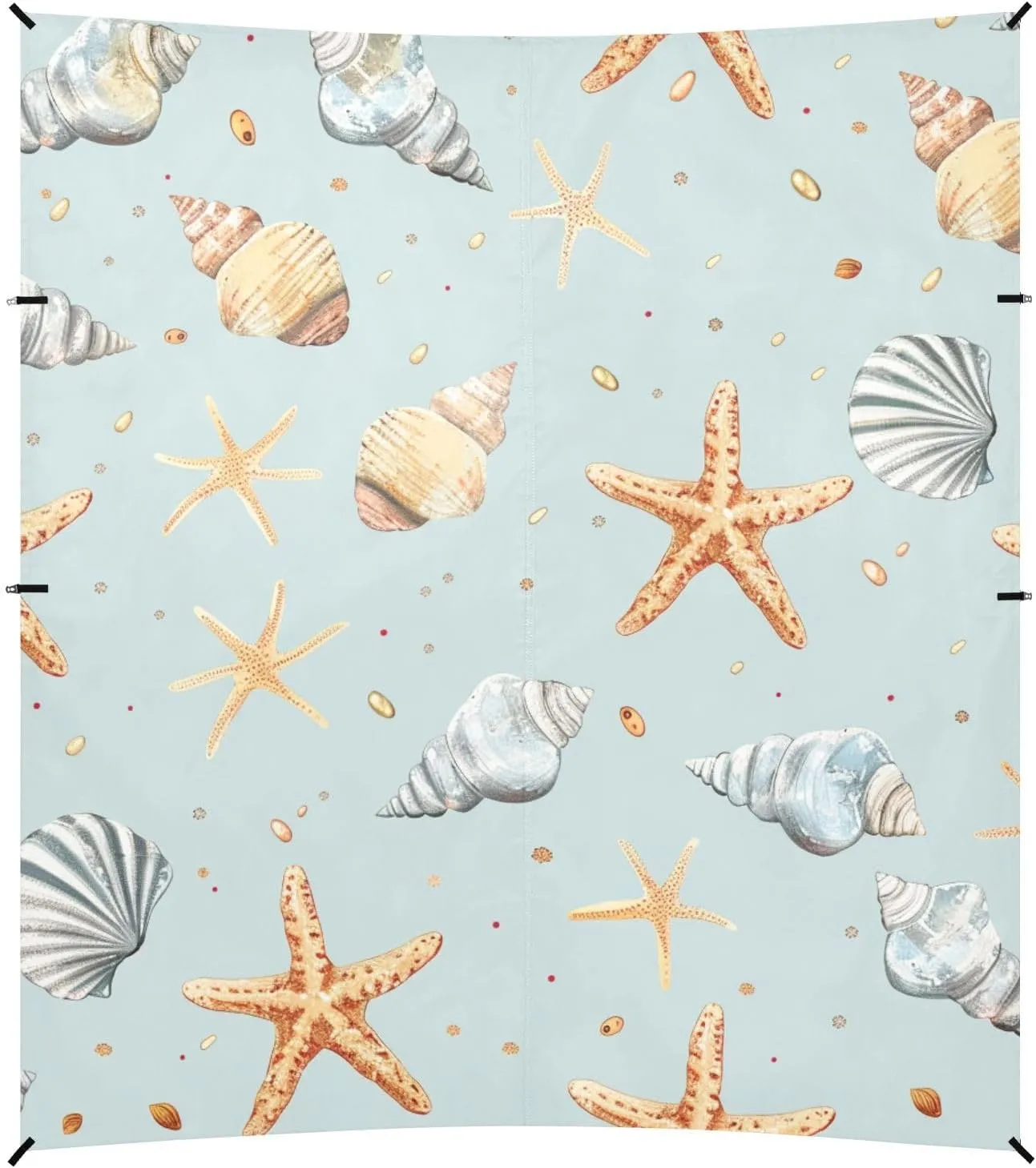 Small Starfish and Shells Light Blue Foldable Beach Tent UPF50  Waterproof Large Portable Sun Shelter with Sturdy Poles, Sandbags and Shovel for Camping, Picnics, Backyard & Fishing