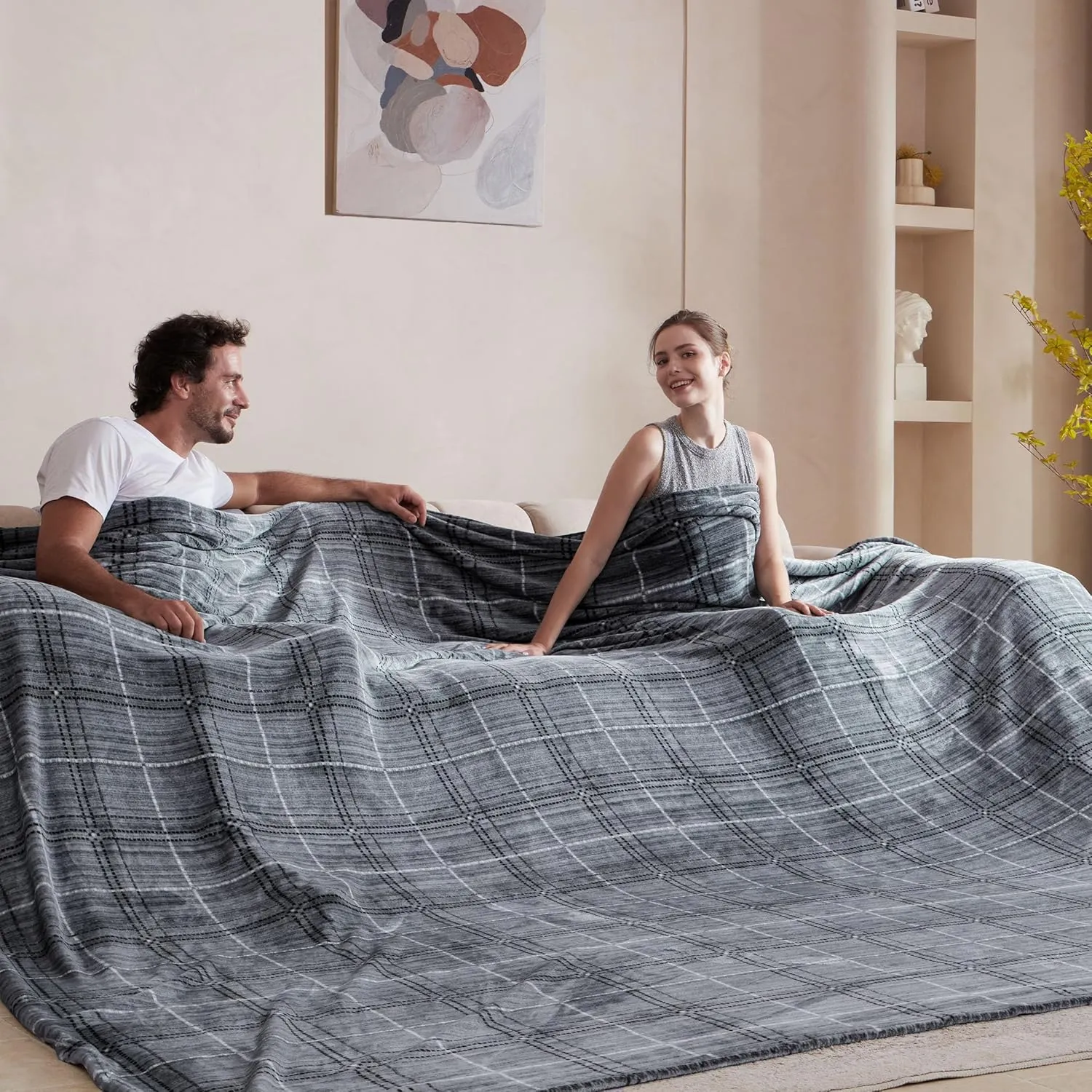 Soft Cozy 120x120 Inches Seamless Oversized King Fleece Blanket, Line Pattern Giant Huge, Extra Large 10'x10' California King Blanket for Sofa, Family, Travel, Line Dark Grey