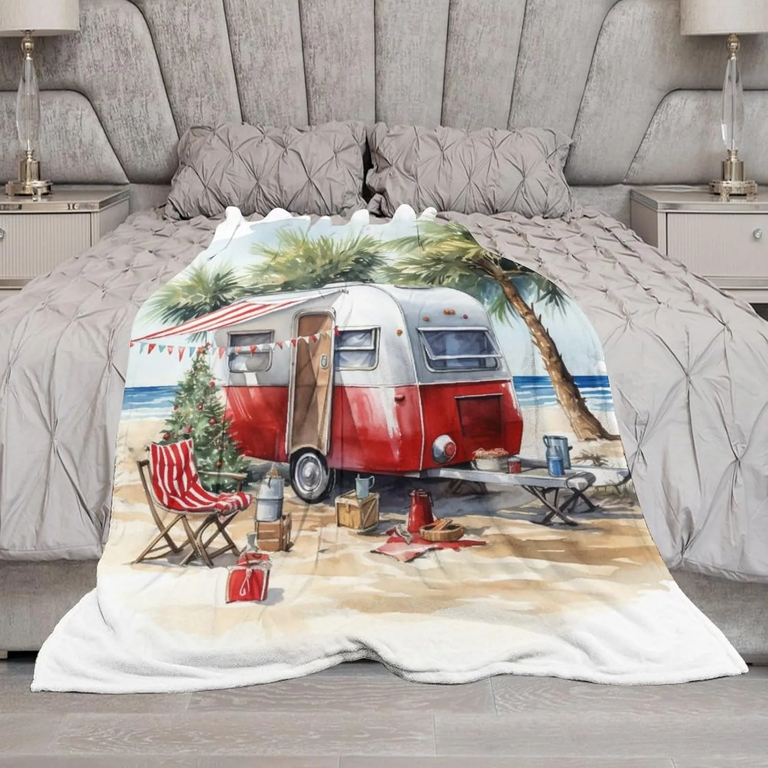 Soft Throw Blanket Camping Trailer Beach Holiday Christmas Print Soft Fuzzy Plush Blanket Bedding Cozy Lightweight Camp with Mountain Campfire and Forest Camping Adventure Vintage Blanket 40"x50"