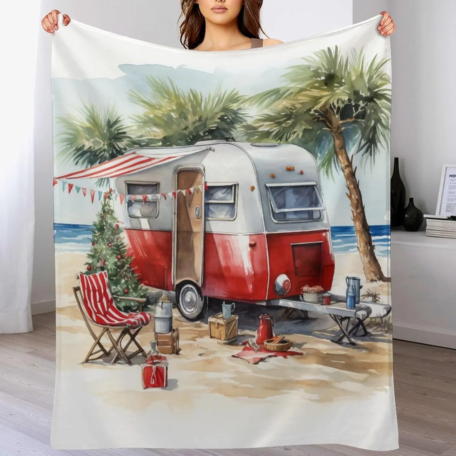 Soft Throw Blanket Camping Trailer Beach Holiday Christmas Print Soft Fuzzy Plush Blanket Bedding Cozy Lightweight Camp with Mountain Campfire and Forest Camping Adventure Vintage Blanket 40"x50"