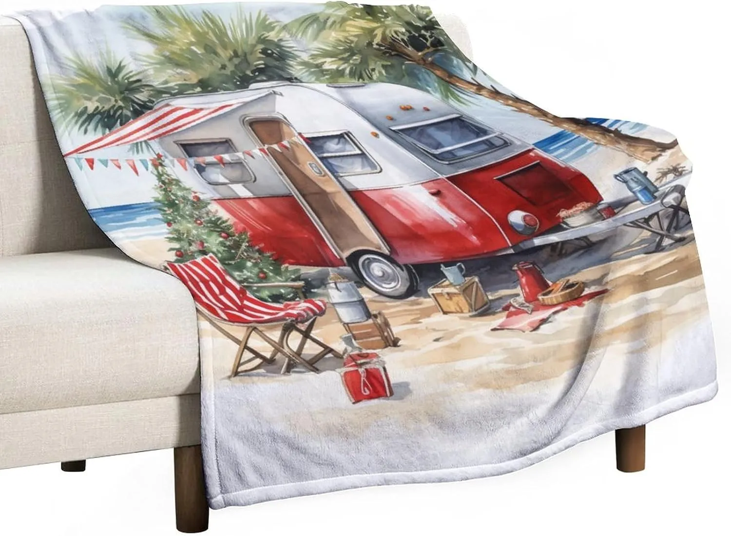 Soft Throw Blanket Camping Trailer Beach Holiday Christmas Print Soft Fuzzy Plush Blanket Bedding Cozy Lightweight Camp with Mountain Campfire and Forest Camping Adventure Vintage Blanket 40"x50"
