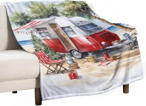 Soft Throw Blanket Camping Trailer Beach Holiday Christmas Print Soft Fuzzy Plush Blanket Bedding Cozy Lightweight Camp with Mountain Campfire and Forest Camping Adventure Vintage Blanket 40"x50"
