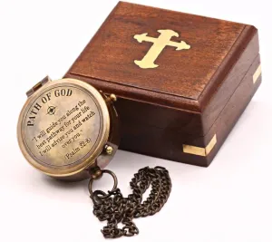 Solid Brass Handmade Path of God Compass with Brass Cross Inlaid Hardwood Storgae Case, Unique Gift for Son